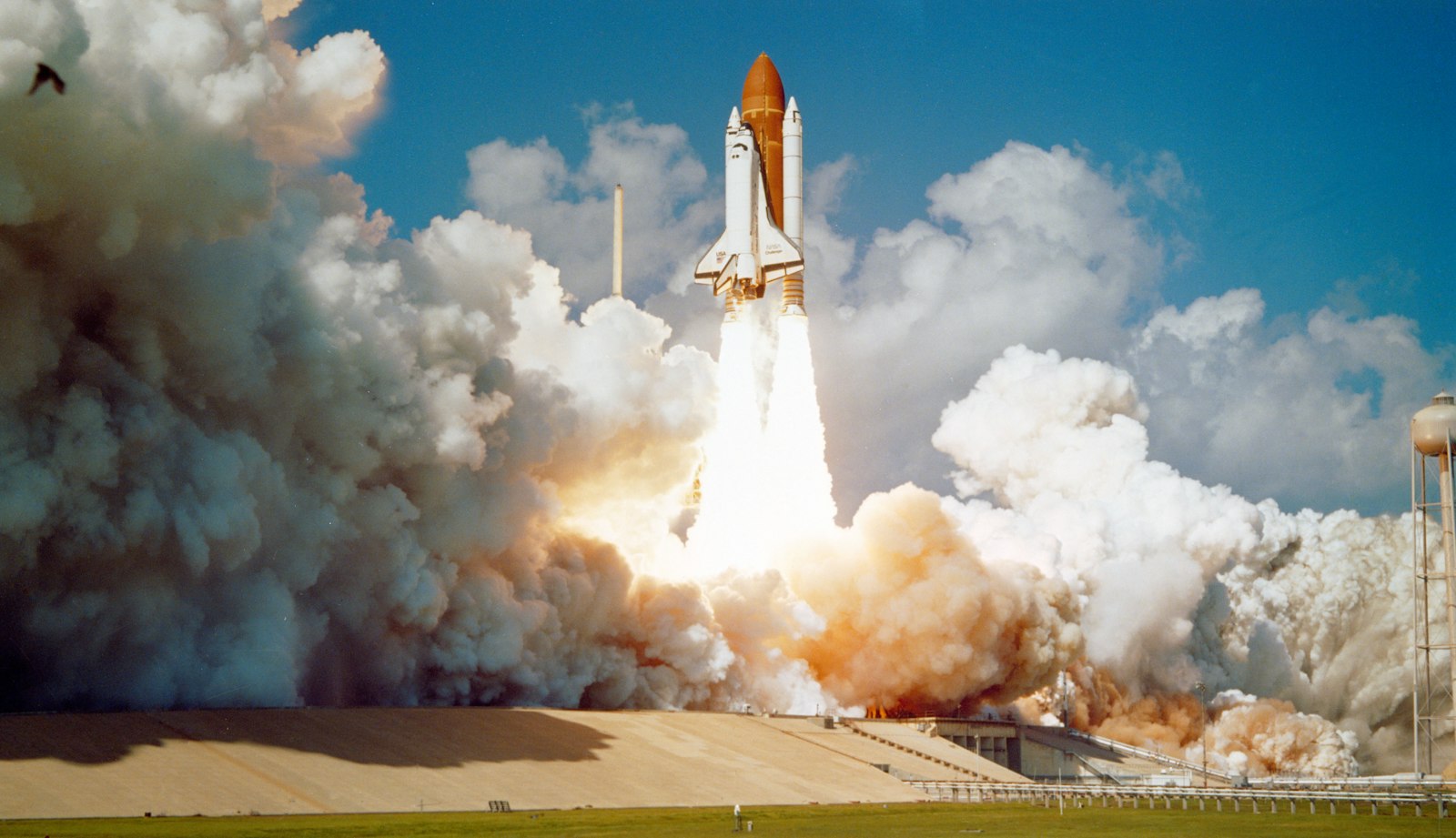 A Space Shuttle Challenger launch from Launch Complex 39 at Kennedy Space Center